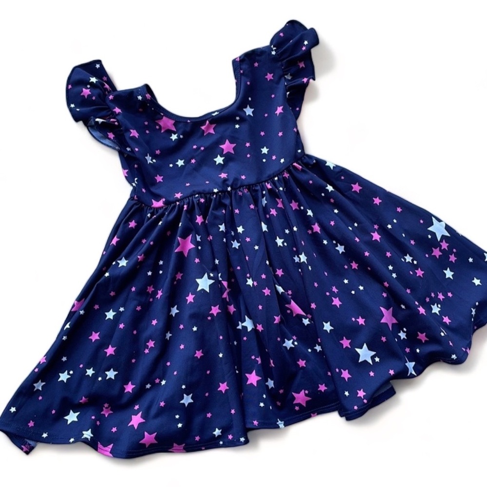 Dot dot smile dress - navy with white and pink stars size 12-24 Months